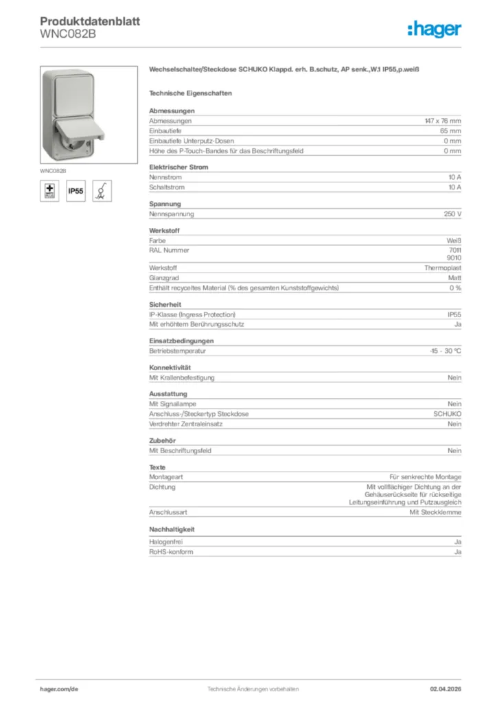 Bild Hager Produktdatenblatt WNC082B | Hager Deutschland