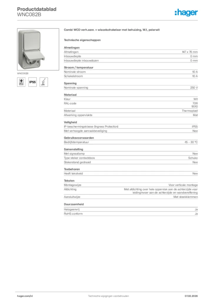 Afbeelding Hager Productdatablad WNC082B | Hager Nederland