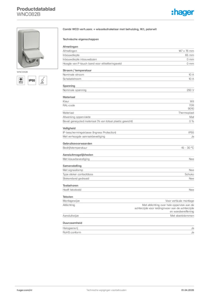 Afbeelding Hager Productdatablad WNC082B | Hager Nederland