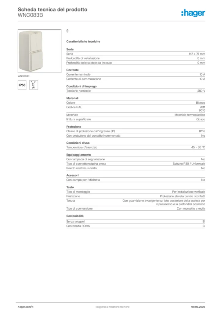 Immagine Hager Scheda tecnica del prodotto WNC083B | Hager Italia