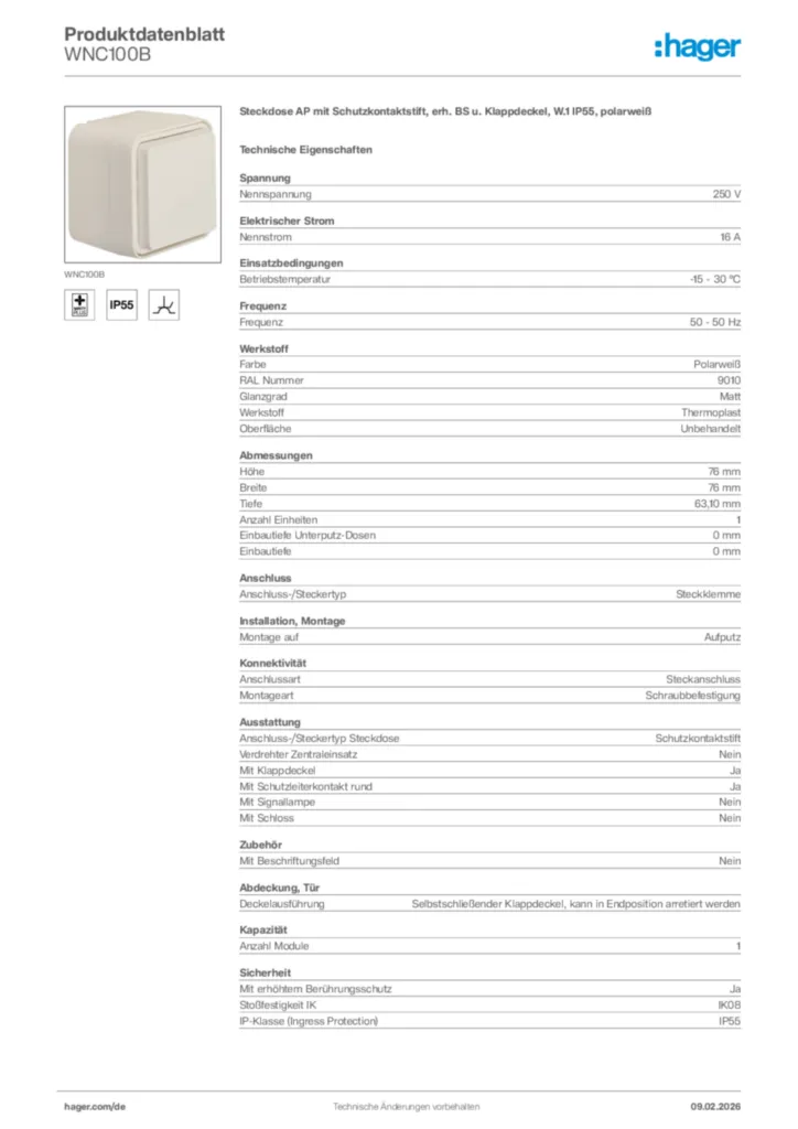Bild Hager Produktdatenblatt WNC100B | Hager Deutschland