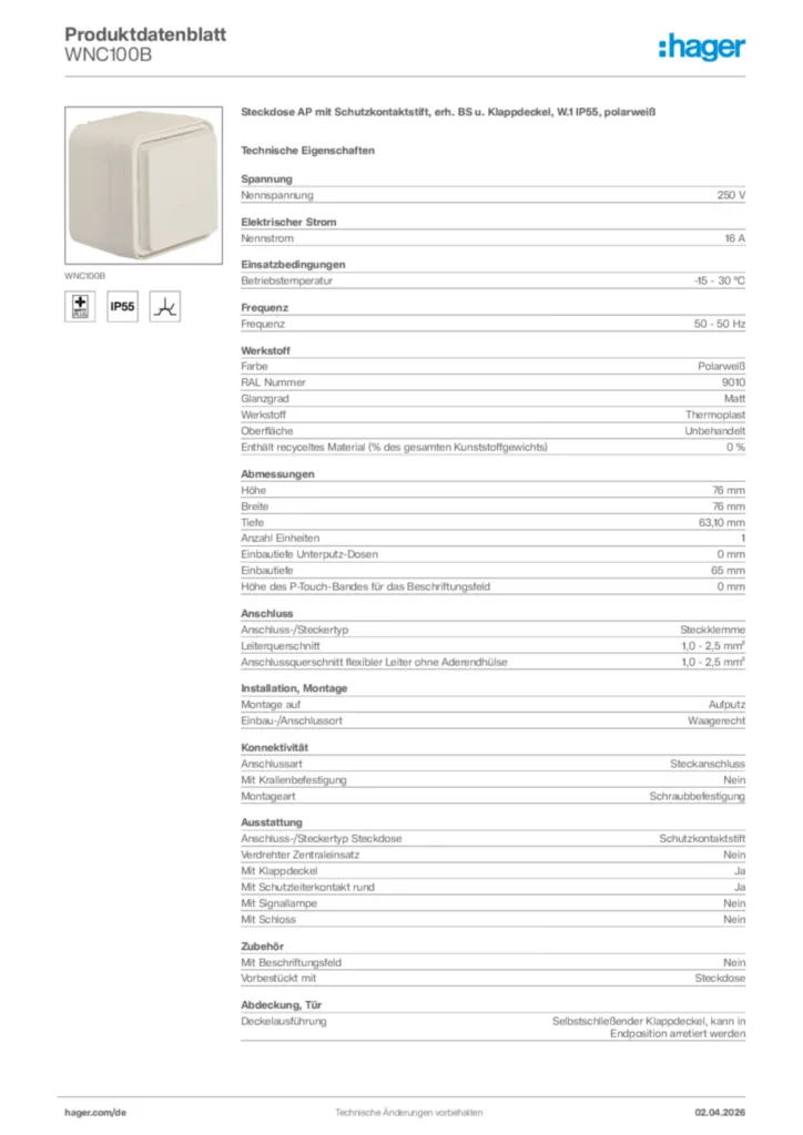 Bild Hager Produktdatenblatt WNC100B | Hager Deutschland
