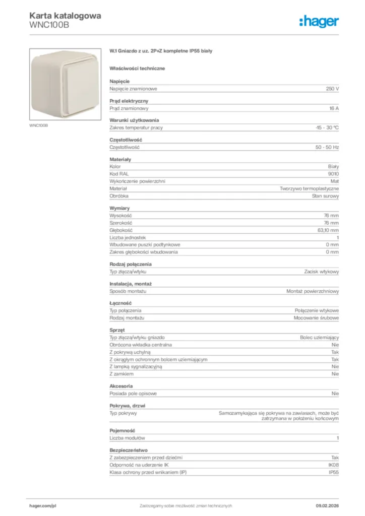 Zdjęcie Hager Karta katalogowa WNC100B | Hager Polska