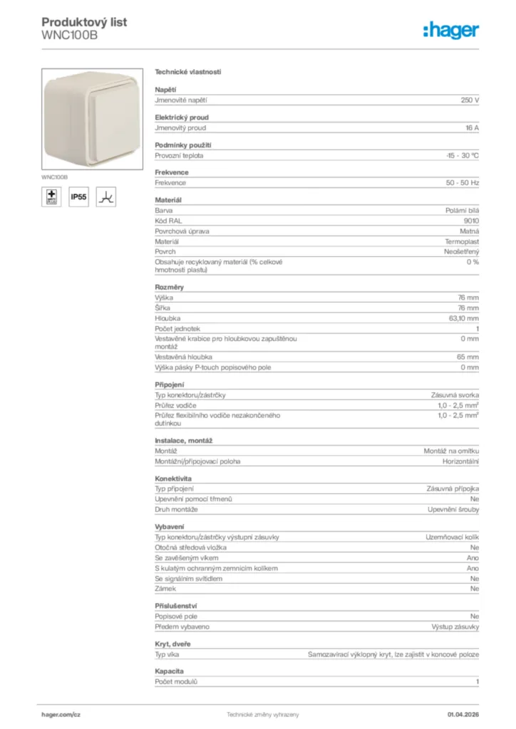 Obrázek Hager Product data sheet WNC100B | Hager