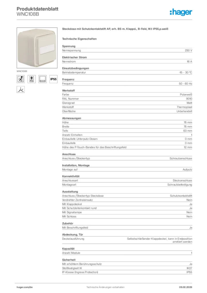 Bild Hager Produktdatenblatt WNC108B | Hager Deutschland