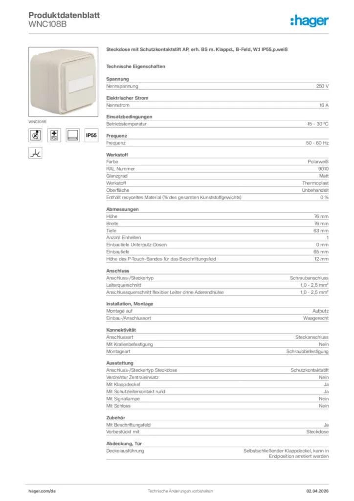 Bild Hager Produktdatenblatt WNC108B | Hager Deutschland