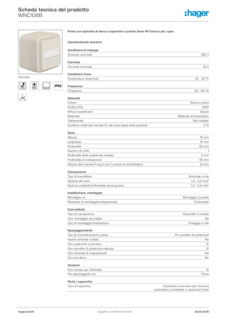 Immagine Hager Scheda tecnica del prodotto WNC108B | Hager Italia