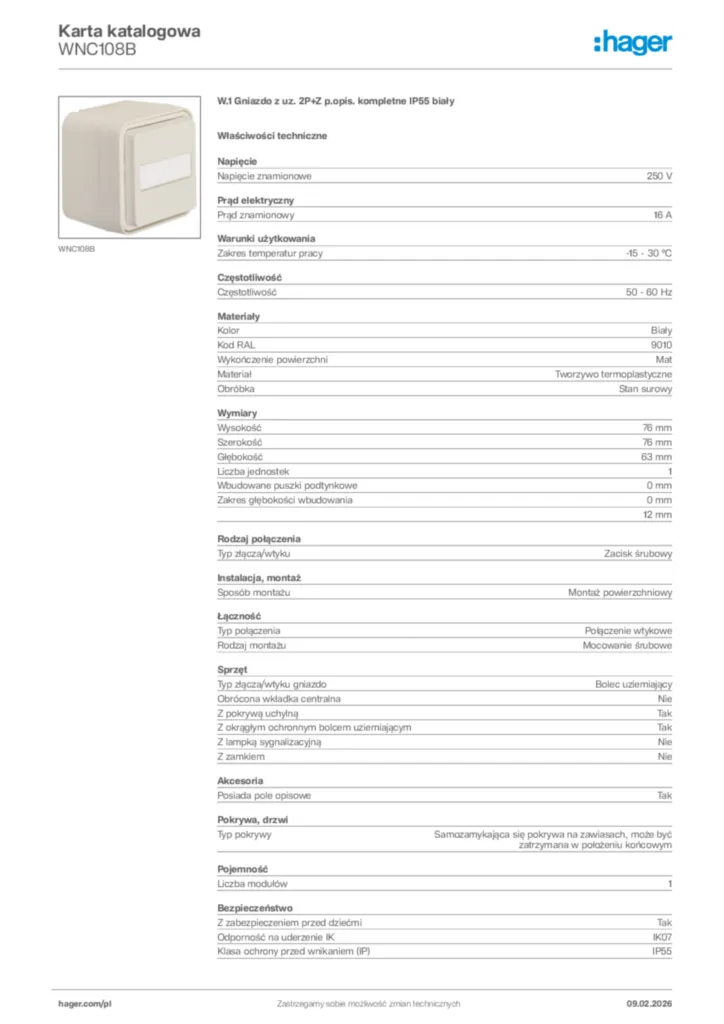 Zdjęcie Hager Karta katalogowa WNC108B | Hager Polska