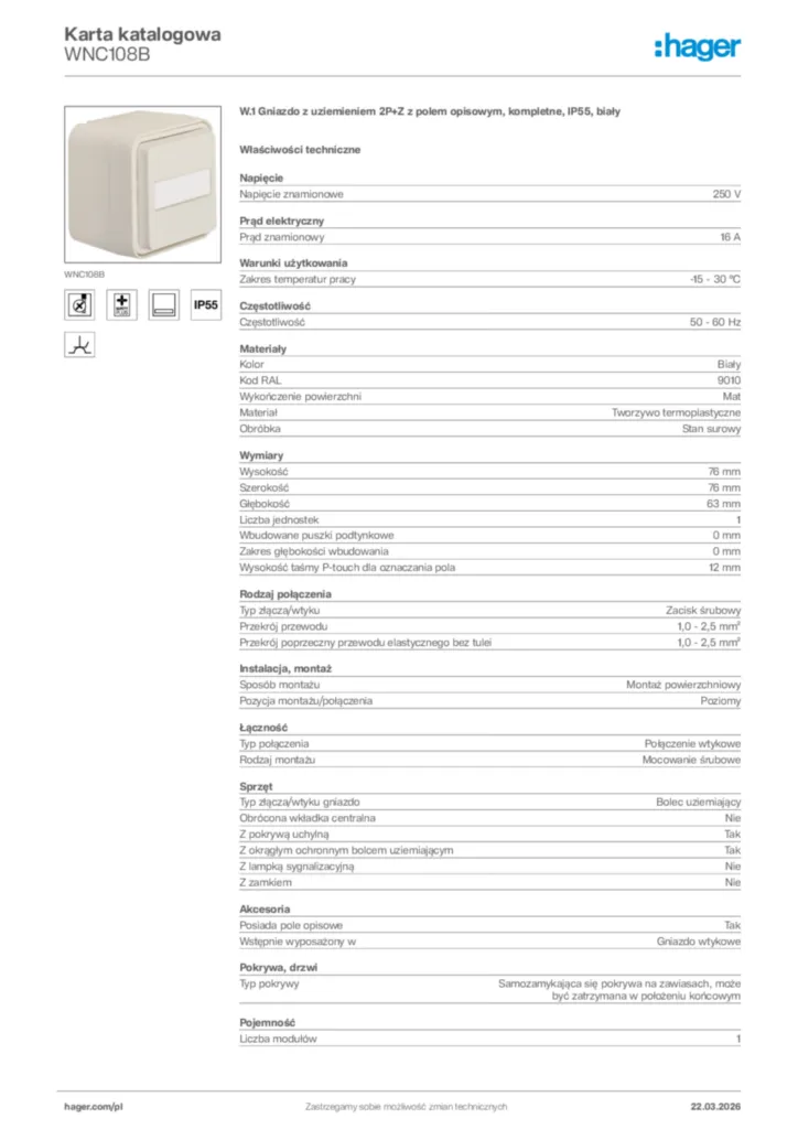 Zdjęcie Hager Karta katalogowa WNC108B | Hager Polska