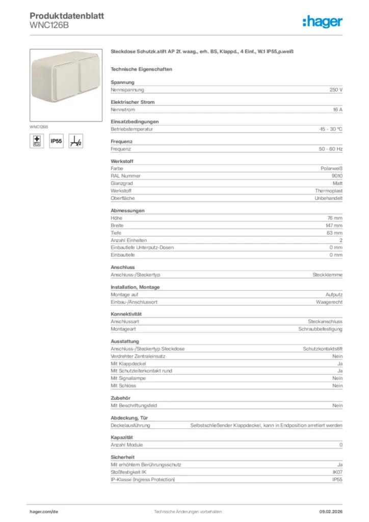 Bild Hager Produktdatenblatt WNC126B | Hager Deutschland