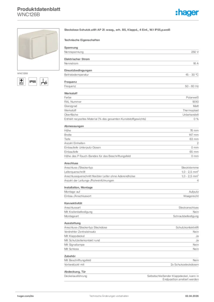 Bild Hager Produktdatenblatt WNC126B | Hager Deutschland