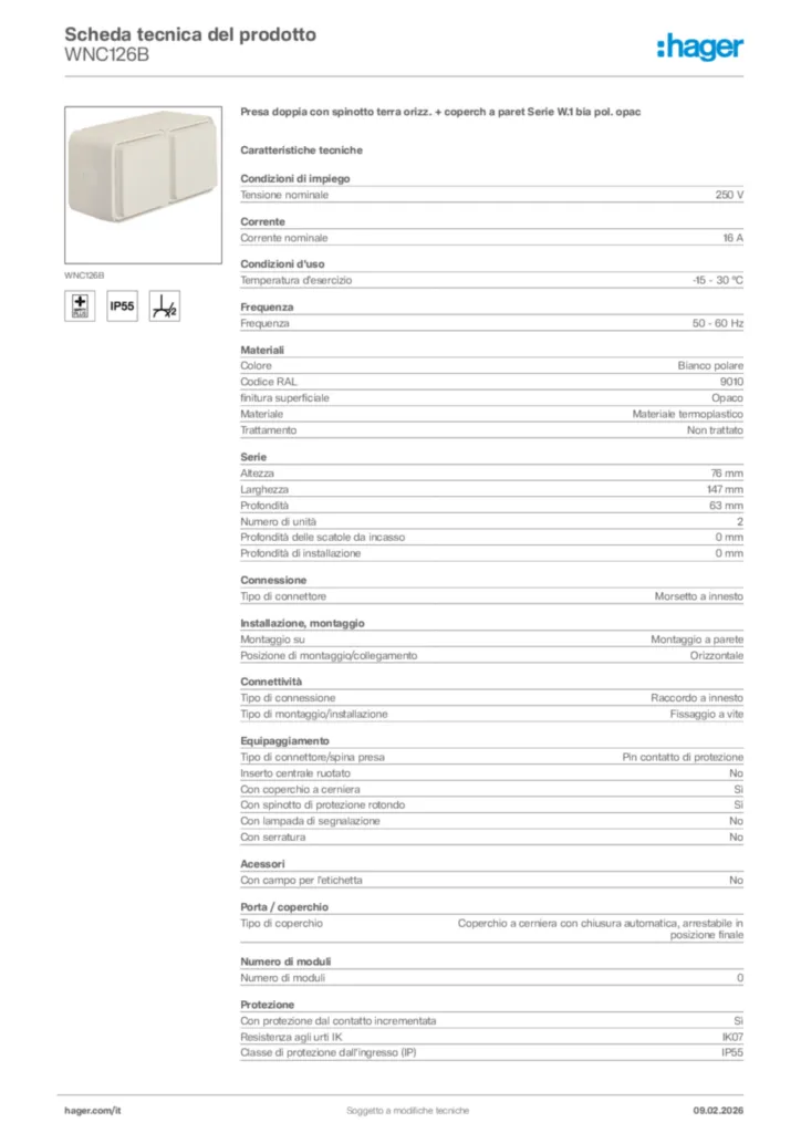 Immagine Hager Scheda tecnica del prodotto WNC126B | Hager Italia