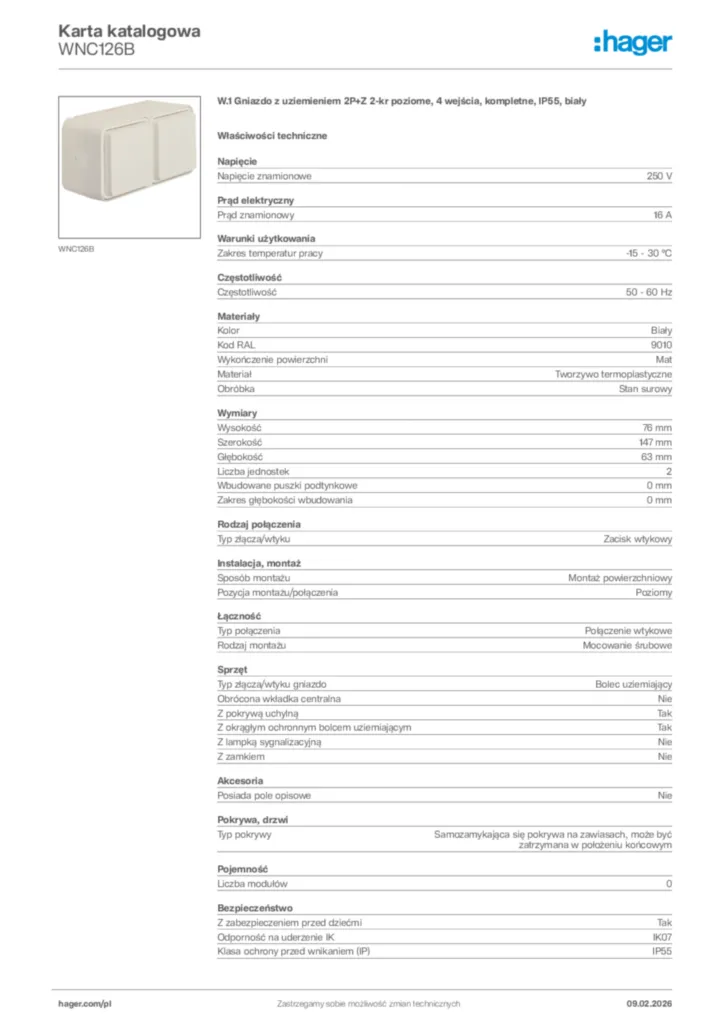Zdjęcie Hager Karta katalogowa WNC126B | Hager Polska