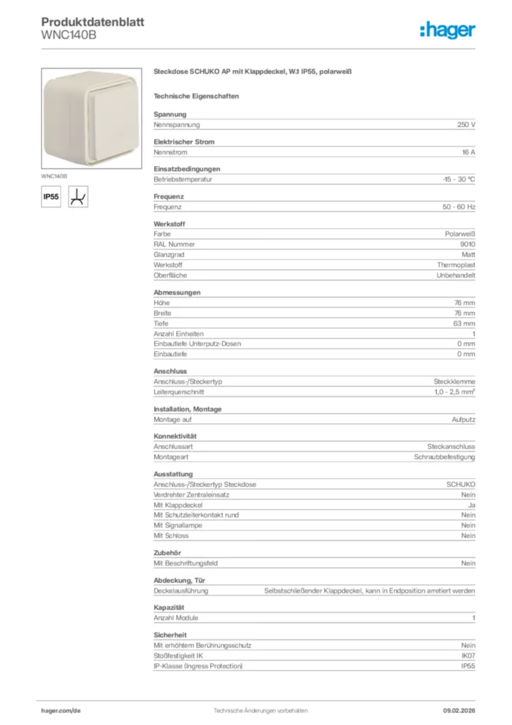 Bild Hager Produktdatenblatt WNC140B | Hager Deutschland