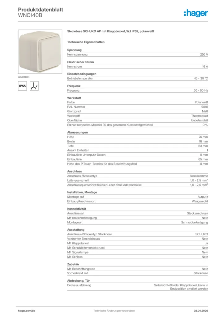 Bild Hager Produktdatenblatt WNC140B | Hager Deutschland