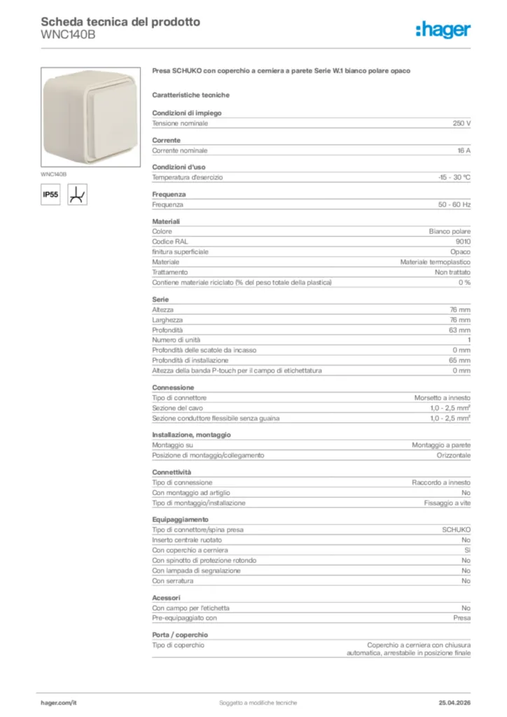 Immagine Hager Scheda tecnica del prodotto WNC140B | Hager Italia