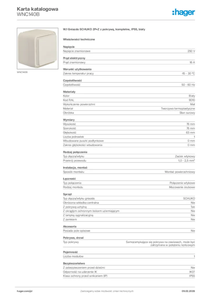 Zdjęcie Hager Karta katalogowa WNC140B | Hager Polska