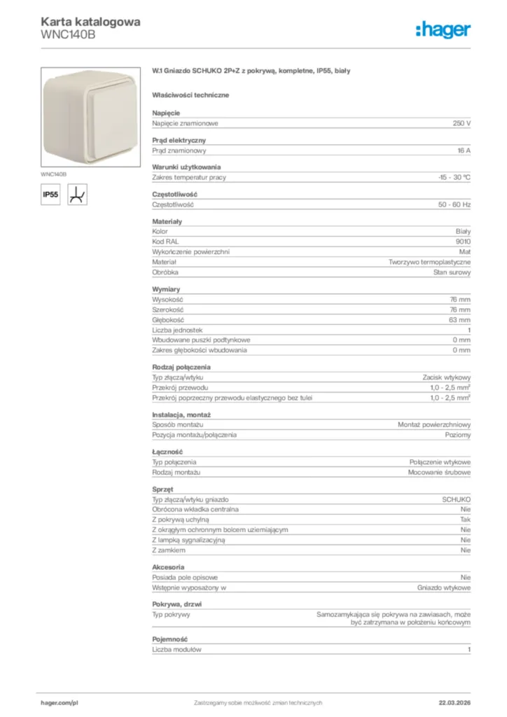 Zdjęcie Hager Karta katalogowa WNC140B | Hager Polska