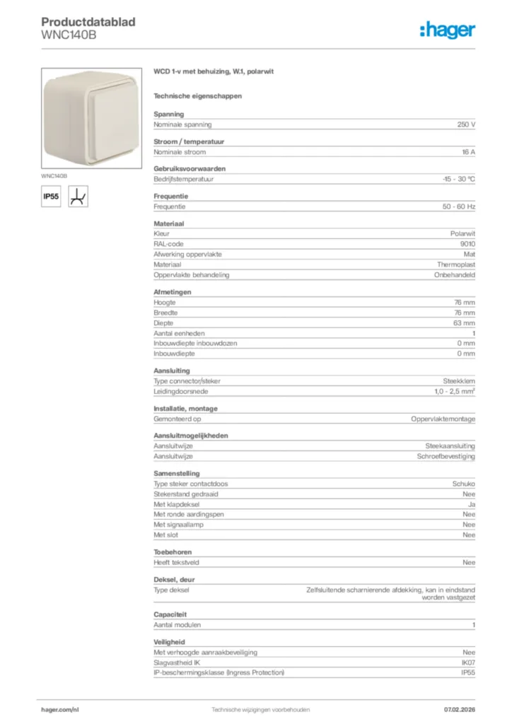 Afbeelding Hager Productdatablad WNC140B | Hager Nederland