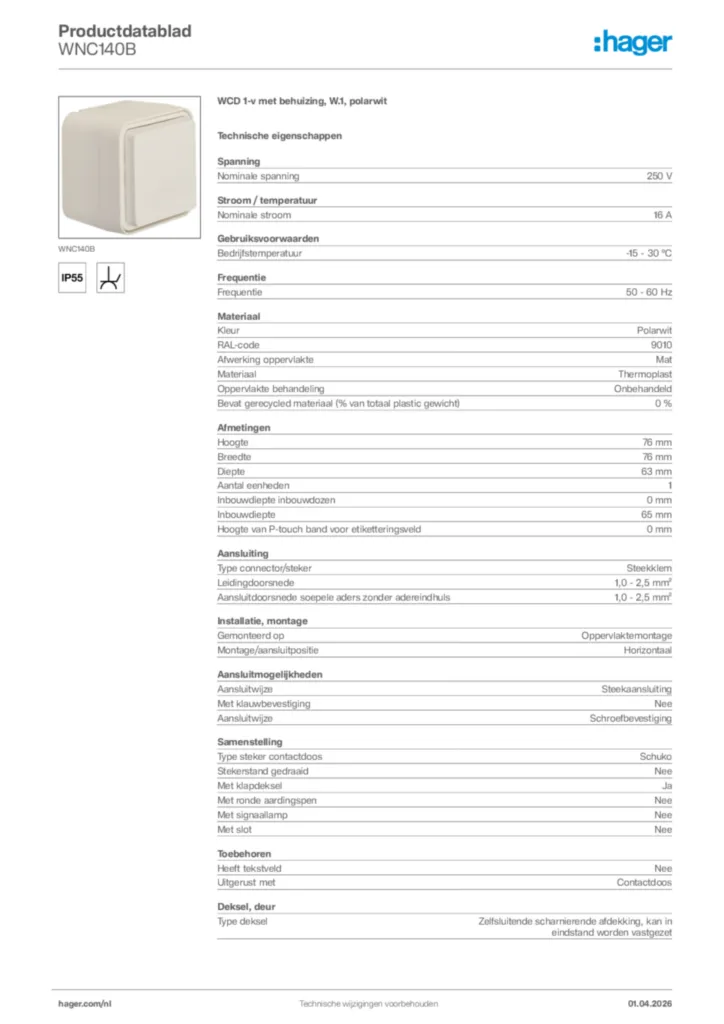Afbeelding Hager Productdatablad WNC140B | Hager Nederland