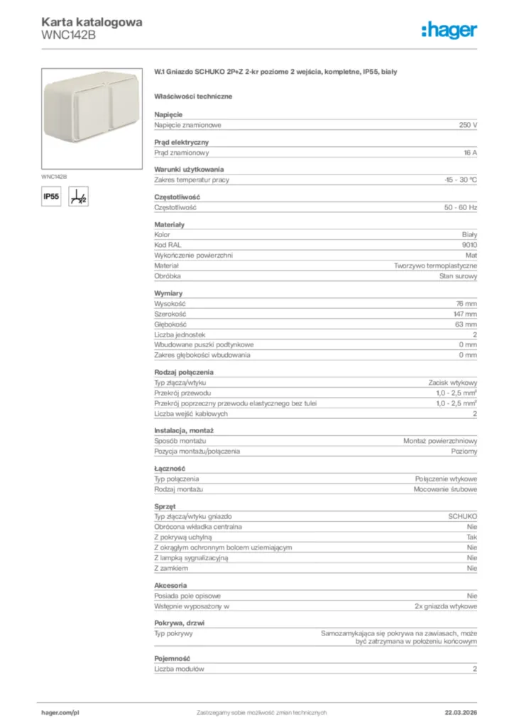 Zdjęcie Hager Karta katalogowa WNC142B | Hager Polska
