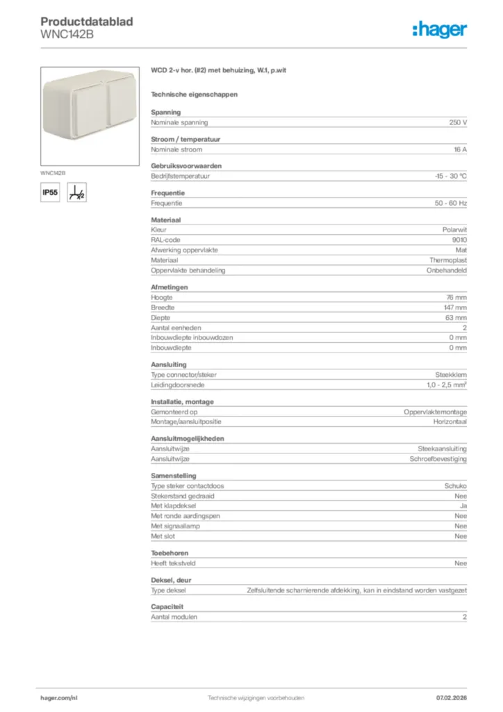 Afbeelding Hager Productdatablad WNC142B | Hager Nederland