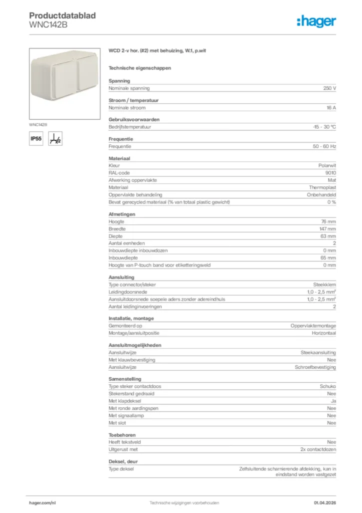 Afbeelding Hager Productdatablad WNC142B | Hager Nederland