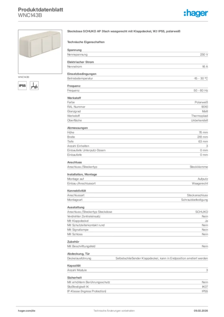 Bild Hager Produktdatenblatt WNC143B | Hager Deutschland