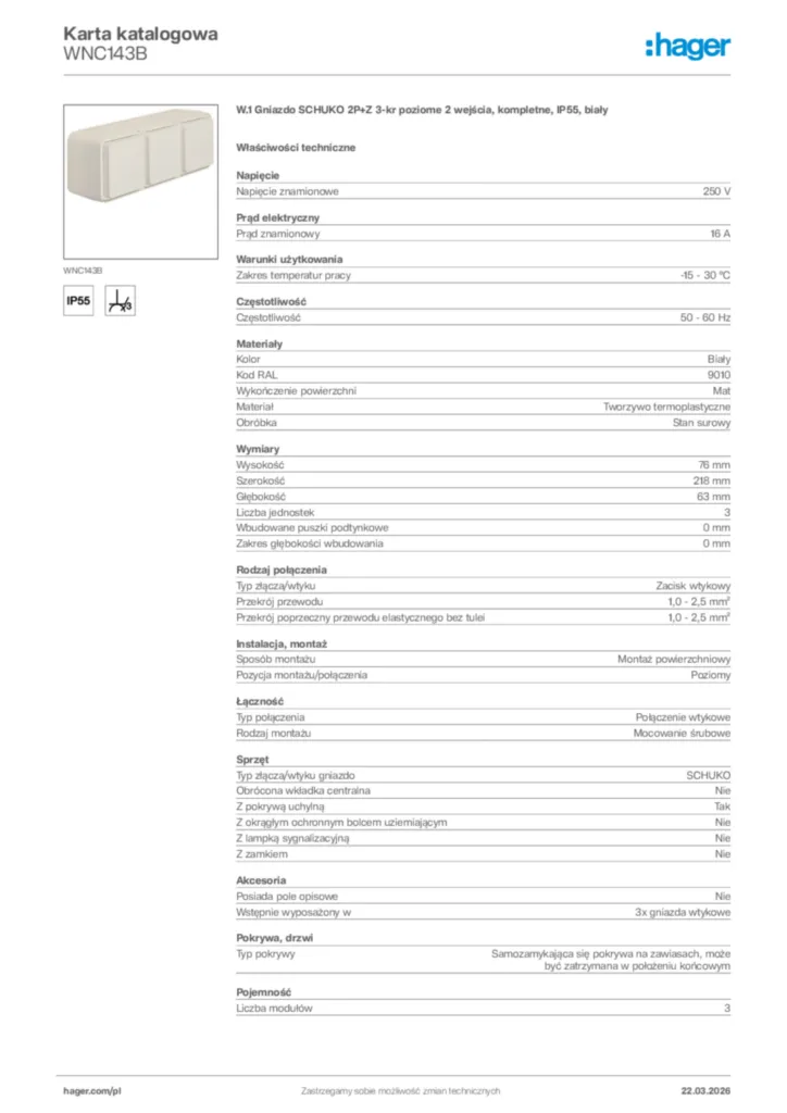 Zdjęcie Hager Karta katalogowa WNC143B | Hager Polska