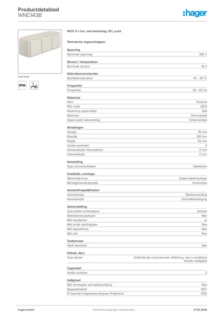 Afbeelding Hager Productdatablad WNC143B | Hager Nederland