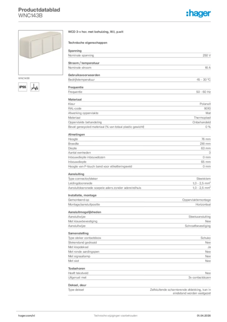 Afbeelding Hager Productdatablad WNC143B | Hager Nederland