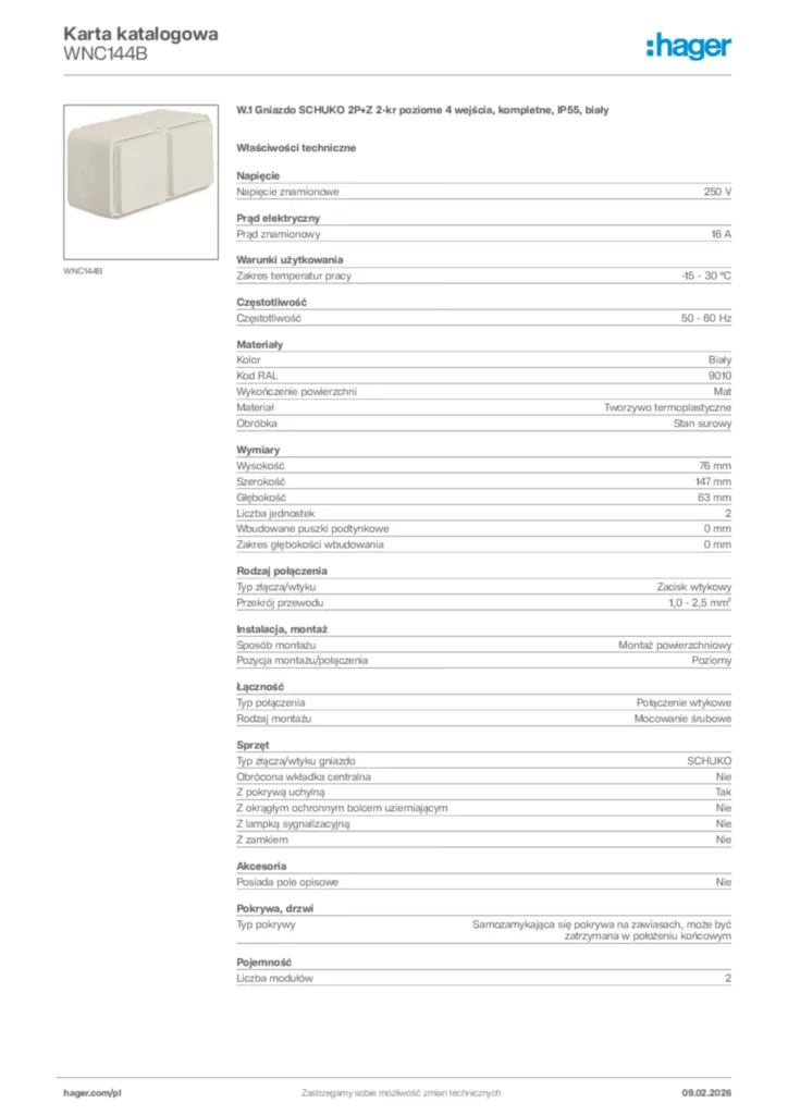 Zdjęcie Hager Karta katalogowa WNC144B | Hager Polska