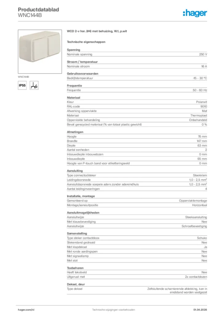 Afbeelding Hager Productdatablad WNC144B | Hager Nederland