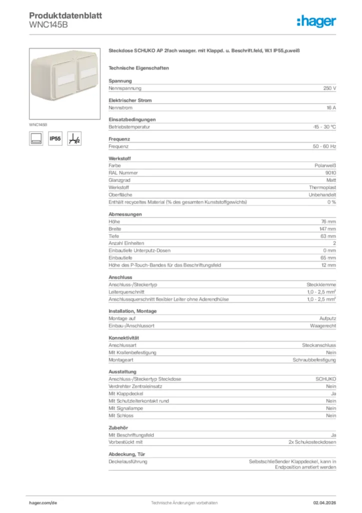 Bild Hager Produktdatenblatt WNC145B | Hager Deutschland