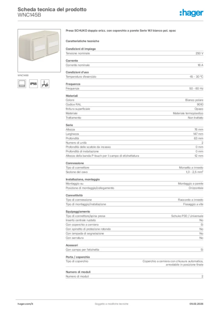 Immagine Hager Scheda tecnica del prodotto WNC145B | Hager Italia