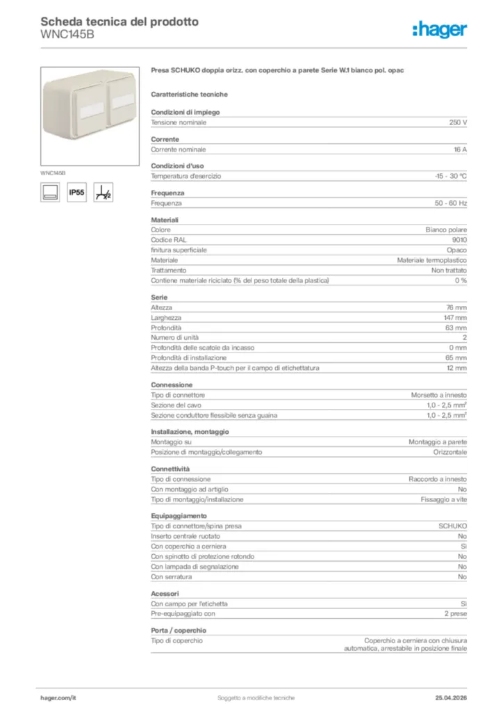 Immagine Hager Scheda tecnica del prodotto WNC145B | Hager Italia