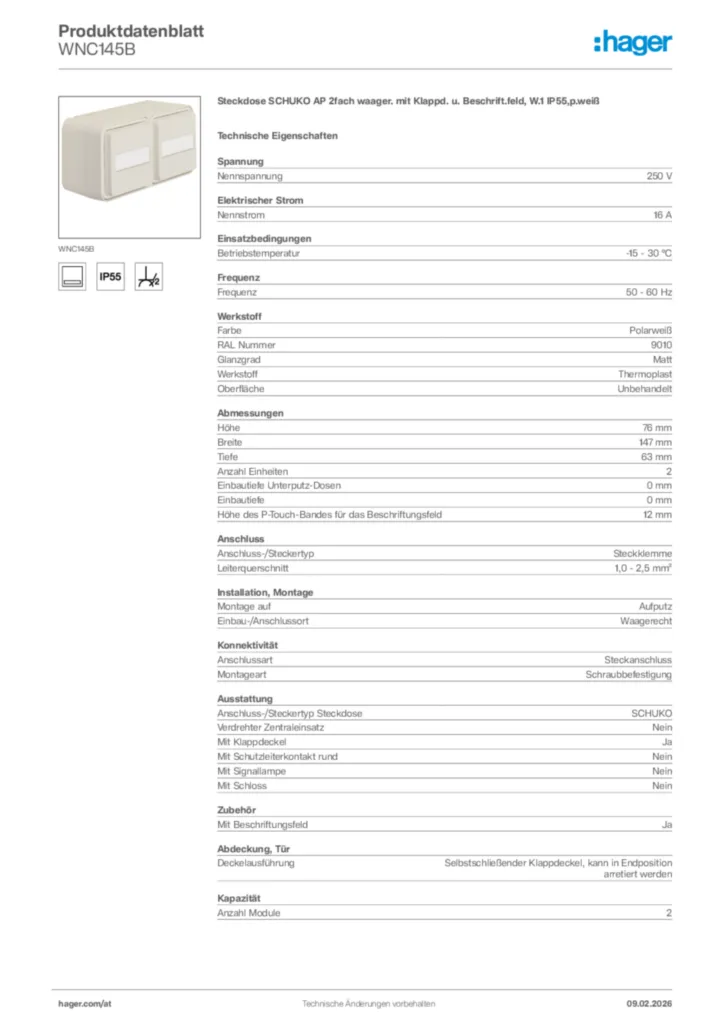 Bild Hager Produktdatenblatt WNC145B | Hager Deutschland