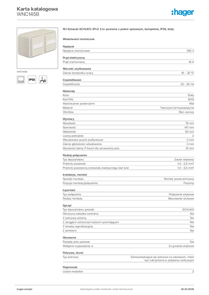 Zdjęcie Hager Karta katalogowa WNC145B | Hager Polska
