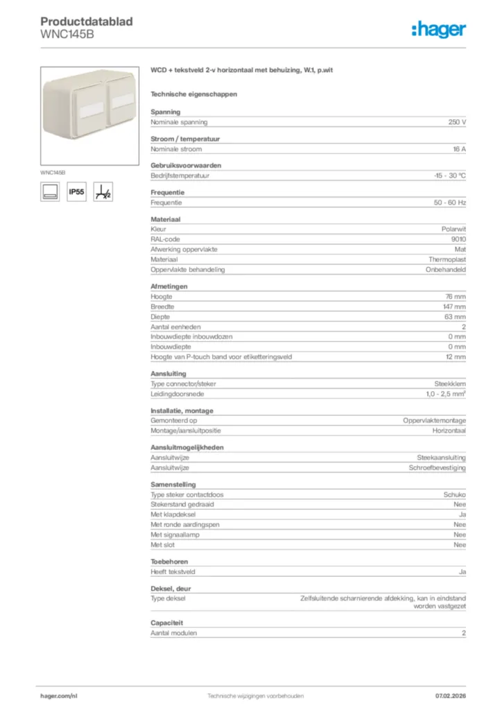 Afbeelding Hager Productdatablad WNC145B | Hager Nederland