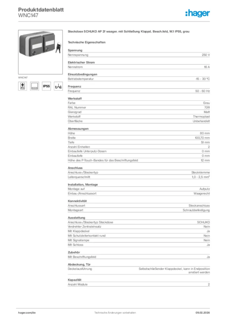Bild Hager Produktdatenblatt WNC147 | Hager Deutschland