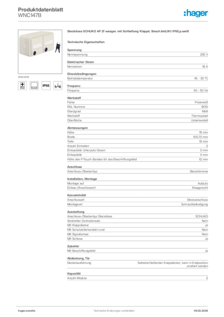 Bild Hager Produktdatenblatt WNC147B | Hager Deutschland