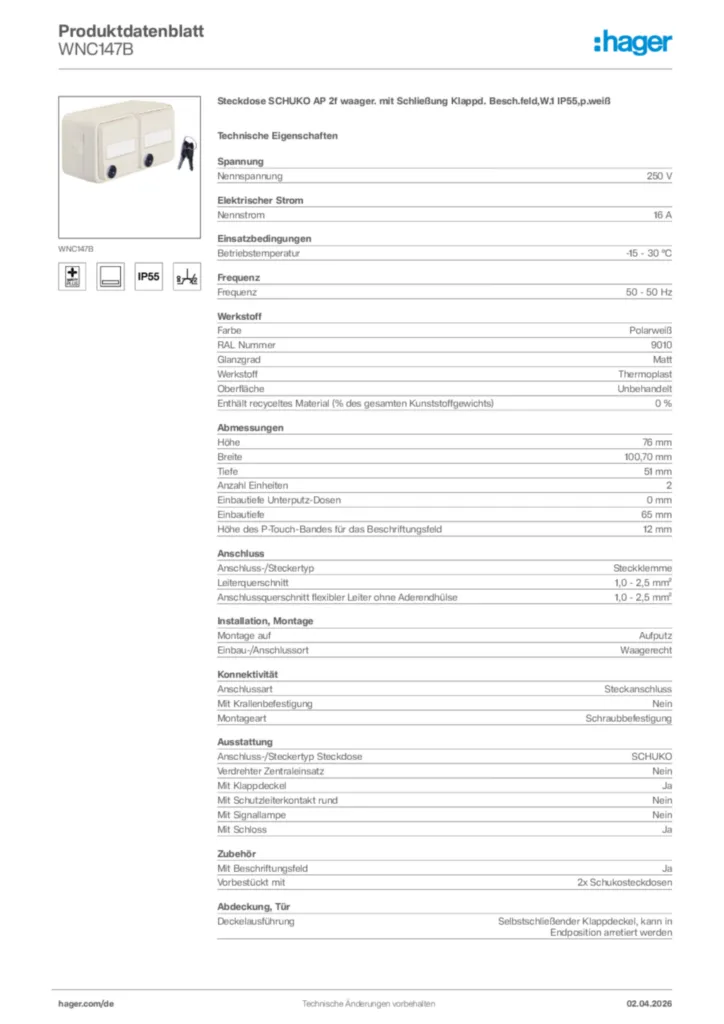 Bild Hager Produktdatenblatt WNC147B | Hager Deutschland
