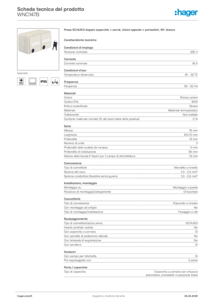Immagine Hager Scheda tecnica del prodotto WNC147B | Hager Italia