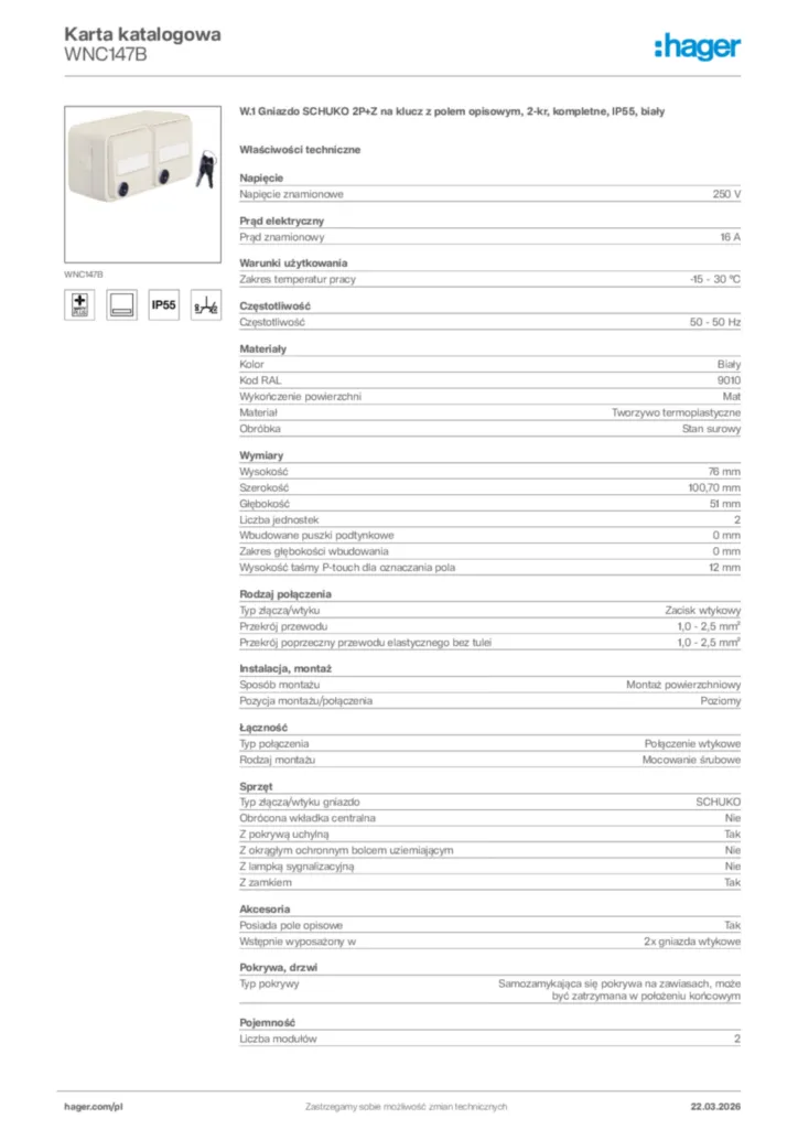 Zdjęcie Hager Karta katalogowa WNC147B | Hager Polska