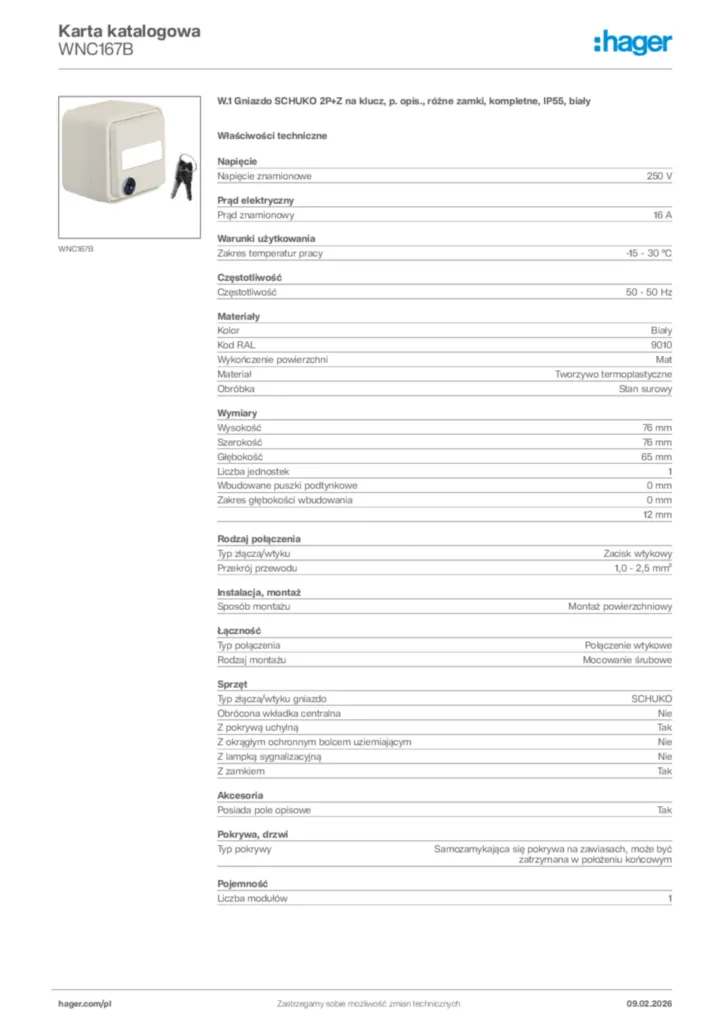 Zdjęcie Hager Karta katalogowa WNC167B | Hager Polska