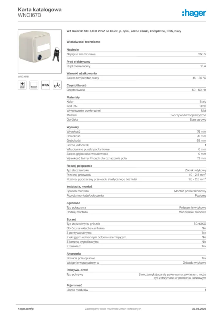 Zdjęcie Hager Karta katalogowa WNC167B | Hager Polska