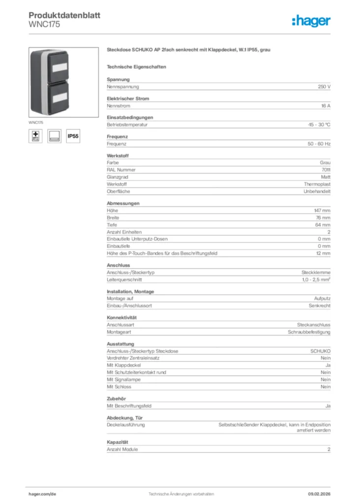 Bild Hager Produktdatenblatt WNC175 | Hager Deutschland