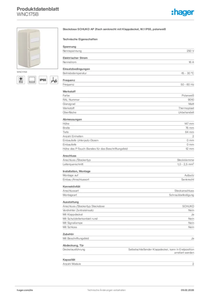 Bild Hager Produktdatenblatt WNC175B | Hager Deutschland