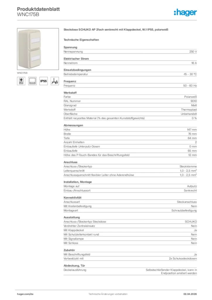 Bild Hager Produktdatenblatt WNC175B | Hager Deutschland