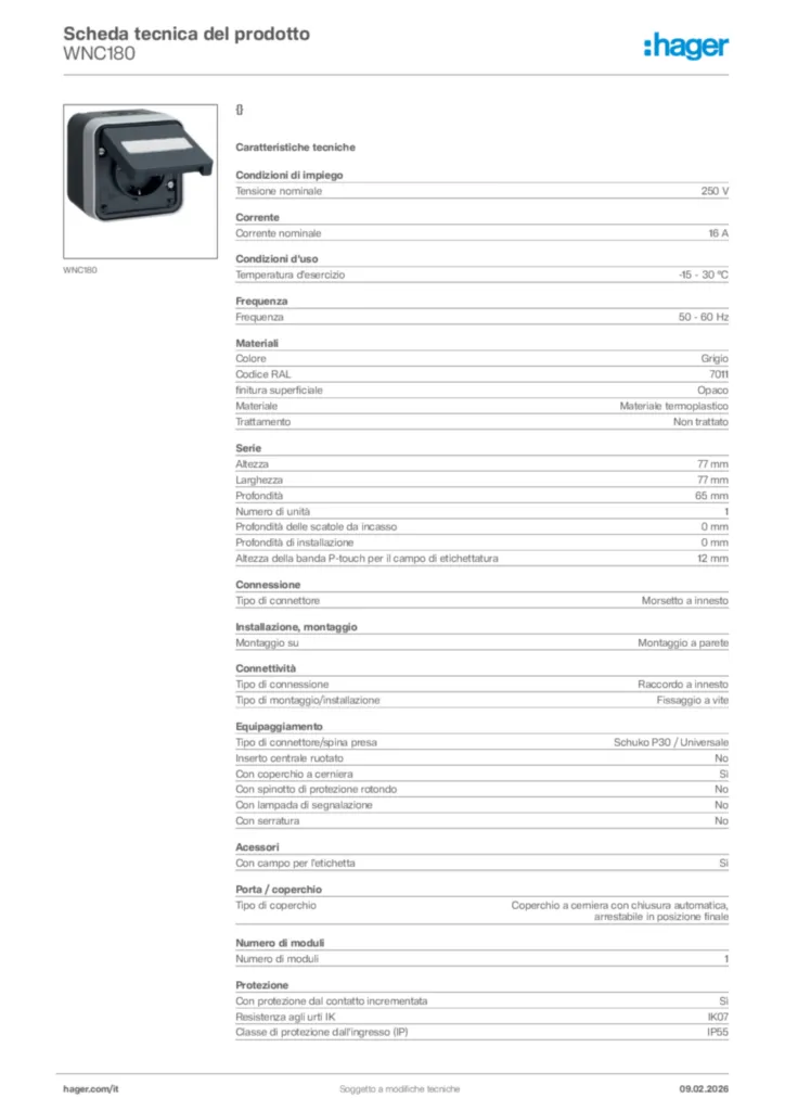 Immagine Hager Scheda tecnica del prodotto WNC180 | Hager Italia